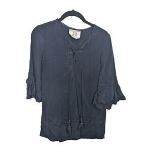 Figue Womens Silk Tied Tassel Pleated Flare Sleeve V-Neck Blouse Top Navy Size S